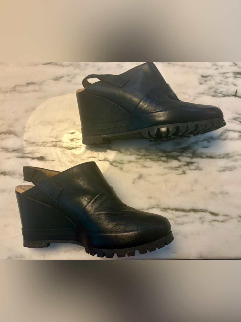 Margiela black Leather Wedge Clog with strap. Excellent condition